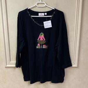 New! Quacker Factory 3/4 sleeve shirt with a holiday-themed embroidered design